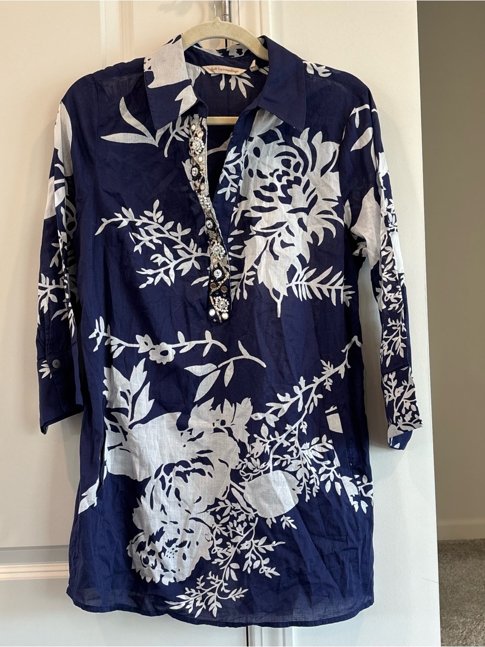 SOFT SURROUNDINGS Margaux Beaded Tunic Blouse Leaf Print Dress Bohemian size M